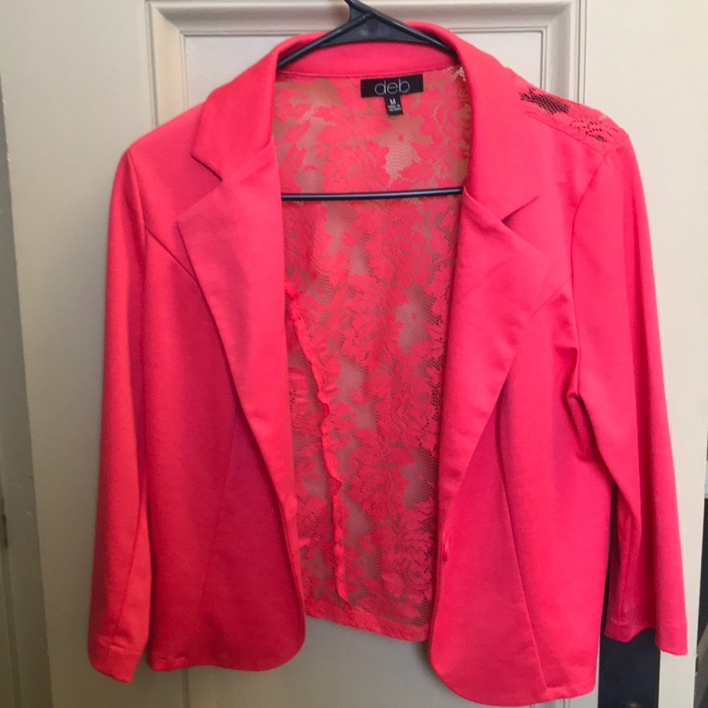 Lace back cropped coral blazer